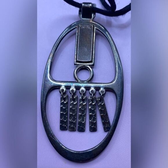 Vintage Modernist Pendant Necklace Silver Tone Turquoise Oval Boho 30” *Read* - Picture 4 of 6